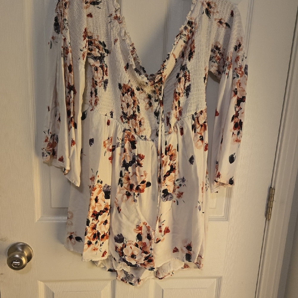 Torrid Floral Smocked Blouse - Cream and Pink